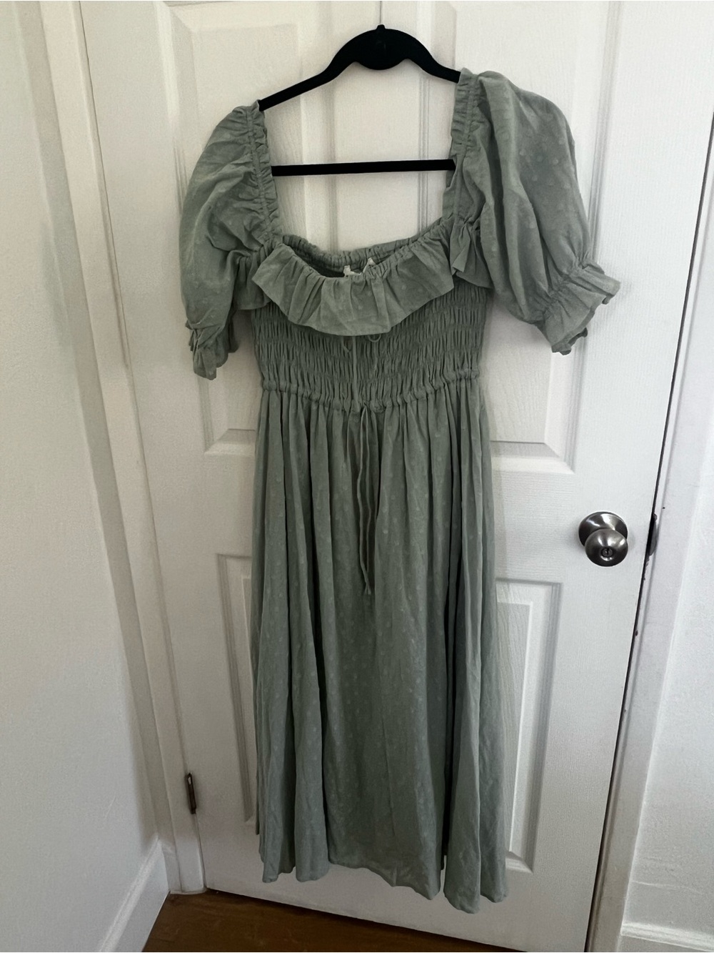 Smocked Puff Sleeve Midi Dress in Sage Green